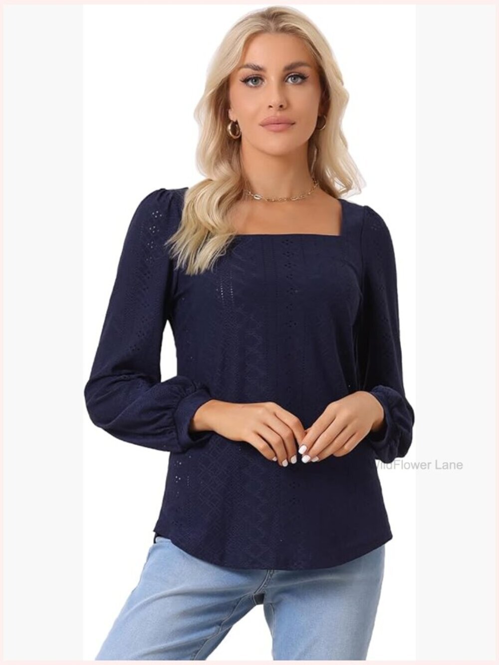Square Collar Puff Sleeve Eyelet Tunic Top Business Casual Blouse